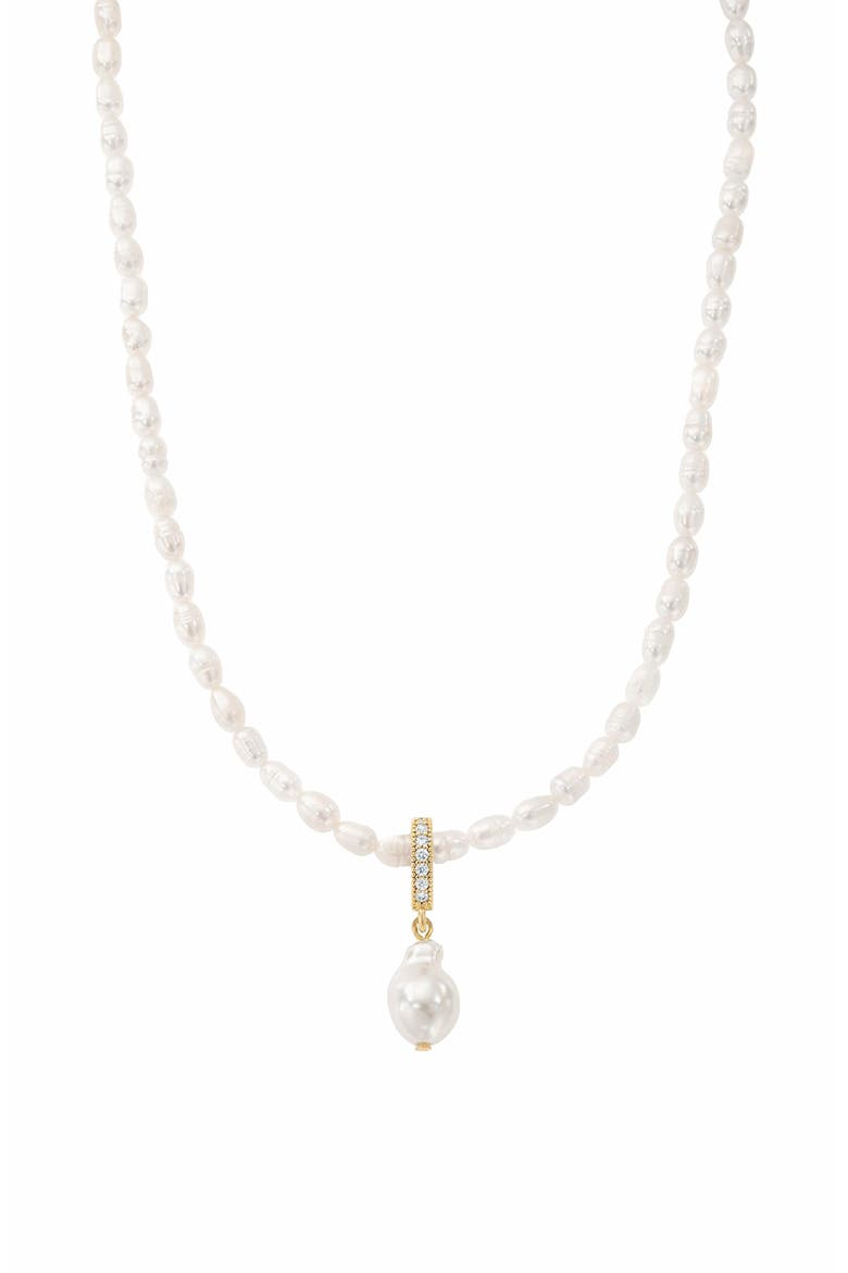 Nacre Cultured Pearl Necklace with Teardrop Shaped Charm Pendant, Main, color, Gold