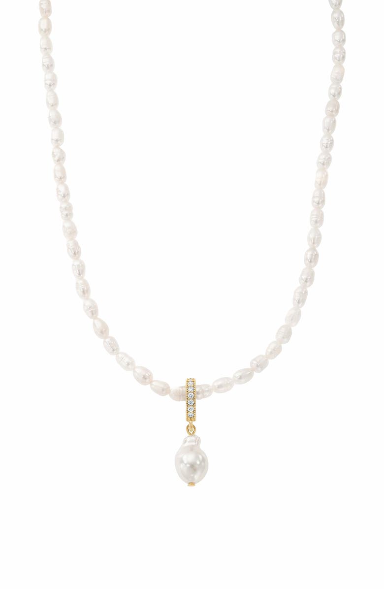 Bearfruit Jewelry Nacre Cultured Pearl Necklace with Teardrop Shaped Charm Pendant, Main, color, Gold