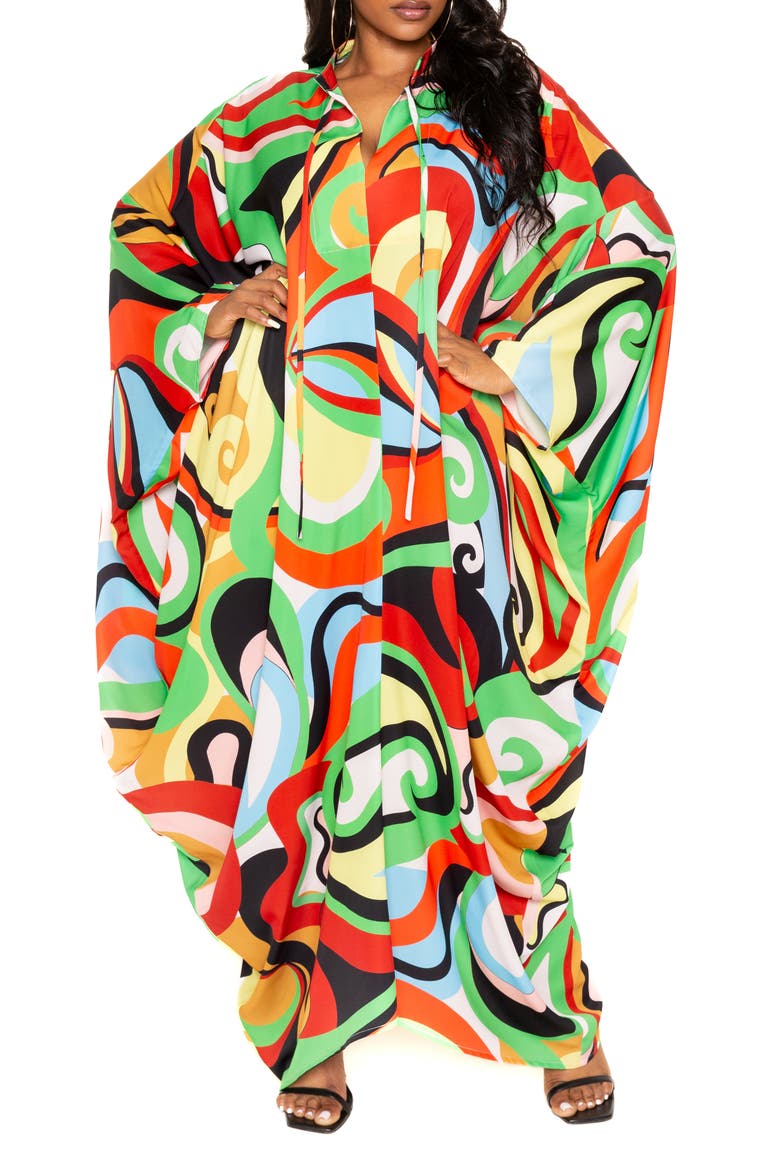 Geometric Print Long Sleeve Caftan, Main, color, GREEN MULTI