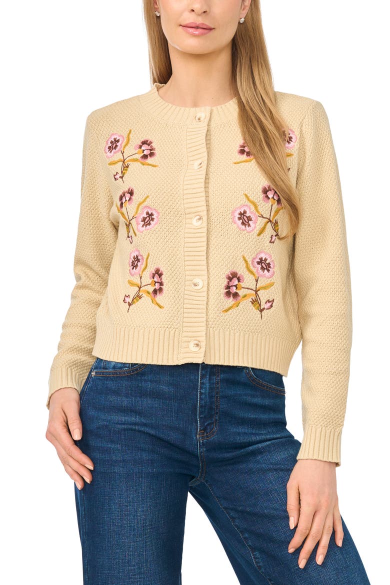 Embroidered Cotton Blend Cardigan, Main, color, BAMBOO BEIGE