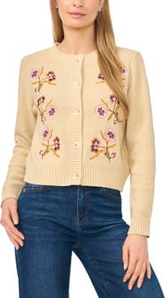 CeCe Embroidered Cotton Blend Cardigan