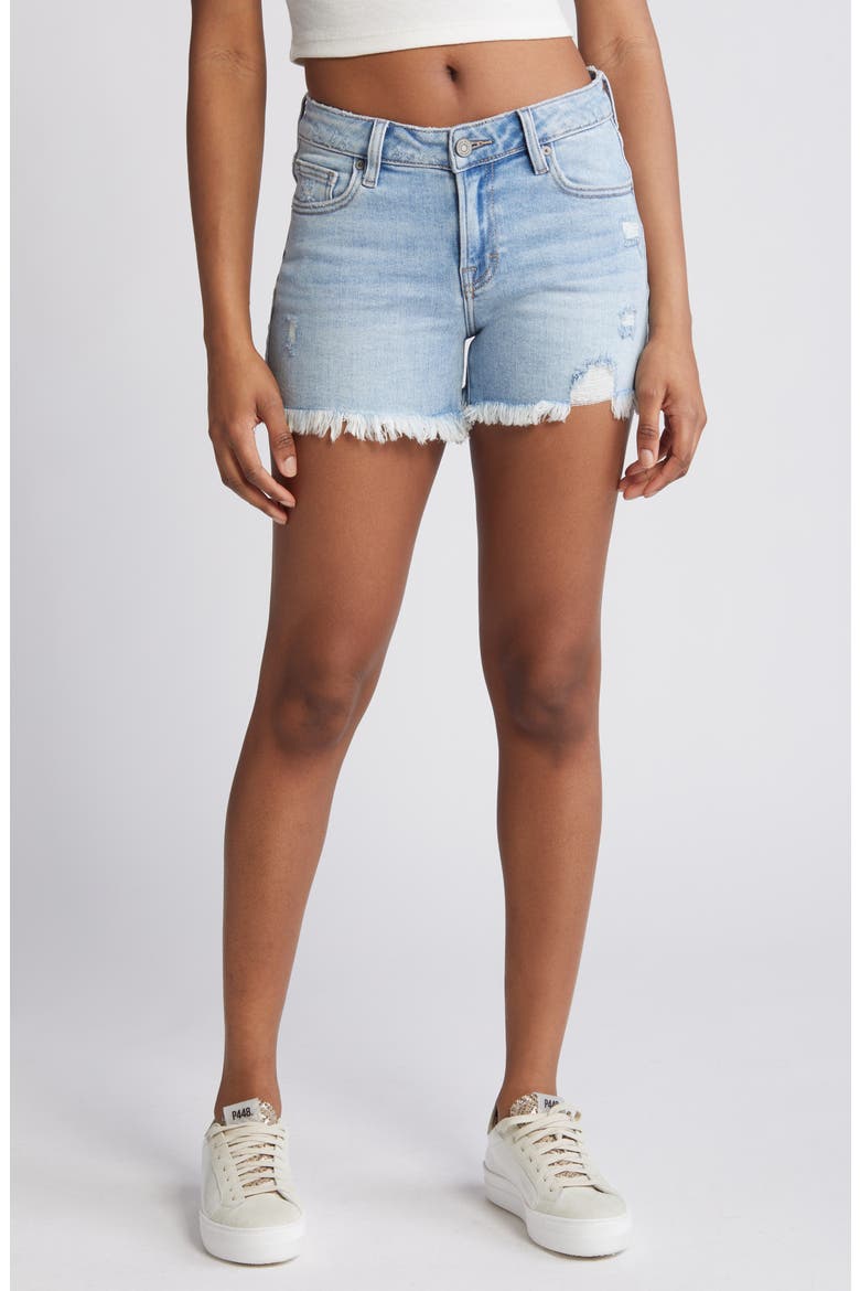 Frayed Low Rise Denim Shorts, Main, color, MEDIUM WASH