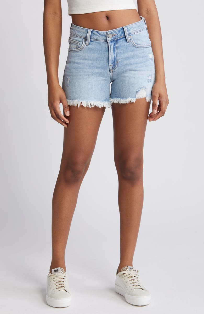 HIDDEN JEANS Frayed Low Rise Denim Shorts, Main, color, Medium Wash