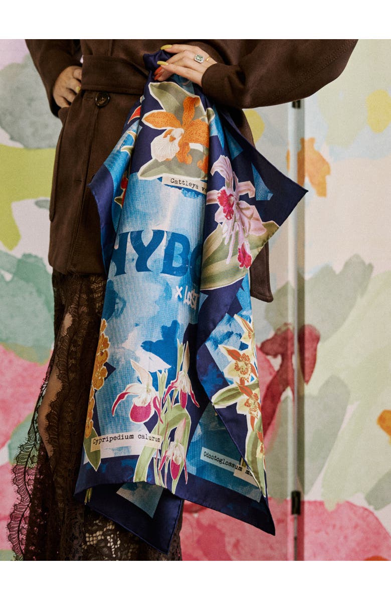 Lost Pattern X NYBG "Orchid On the Block" Silk Bandana Scarf, Alternate, color, Blue