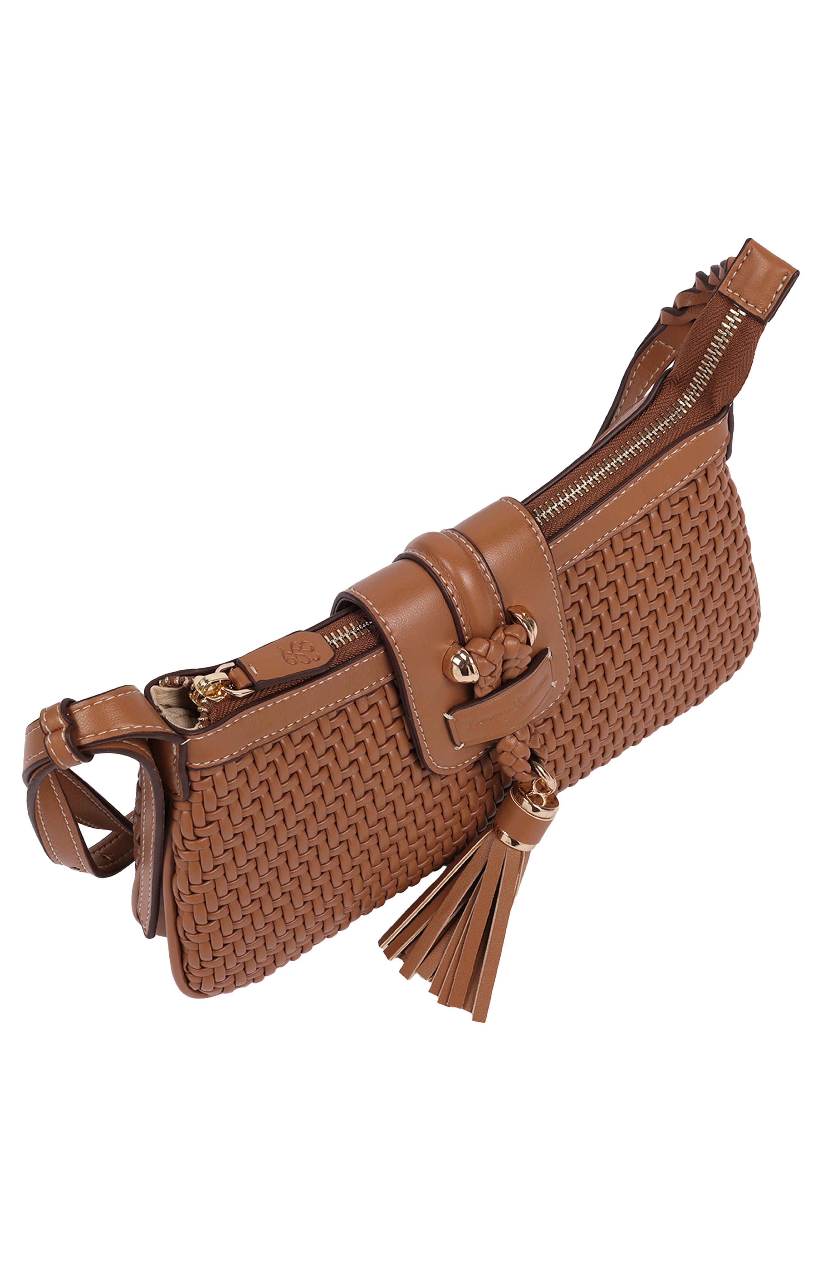 Tassel Tab Woven Faux Leather Shoulder Bag, Alternate, color, NUTMEG