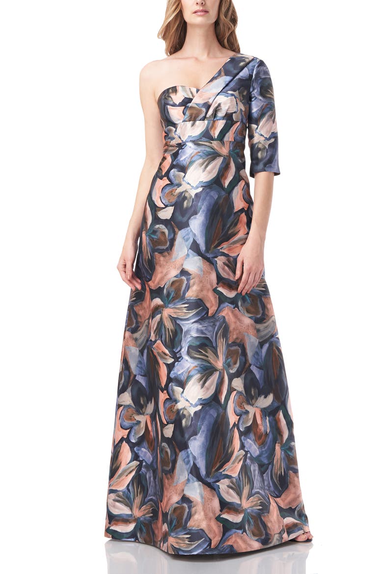 Mia One-Shoulder Jacquard A-Line Gown, Main, color, TERRA COTTA/ TEAL FLORAL PRINT