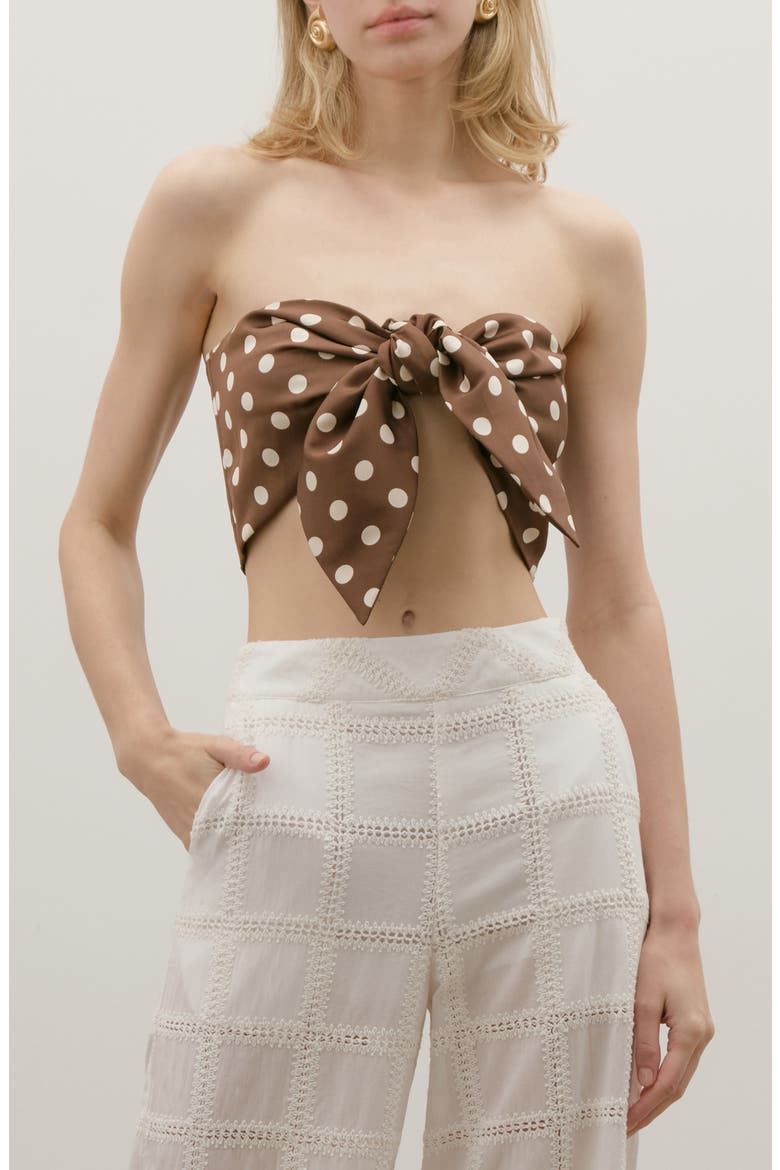 Cali Polka Dot Twist Front Bandeau Top, Main, color, BROWN DOTS