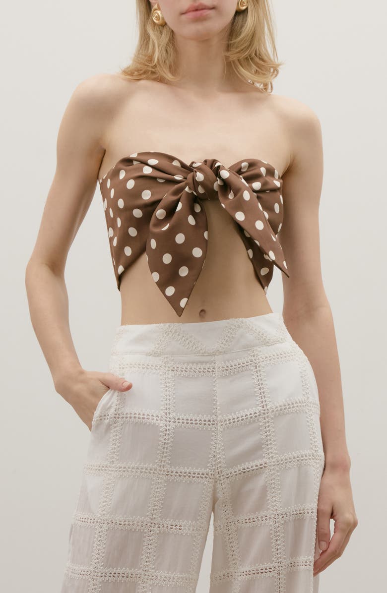 MAUDE CLUB Cali Polka Dot Twist Front Bandeau Top, Main, color, Brown Dots