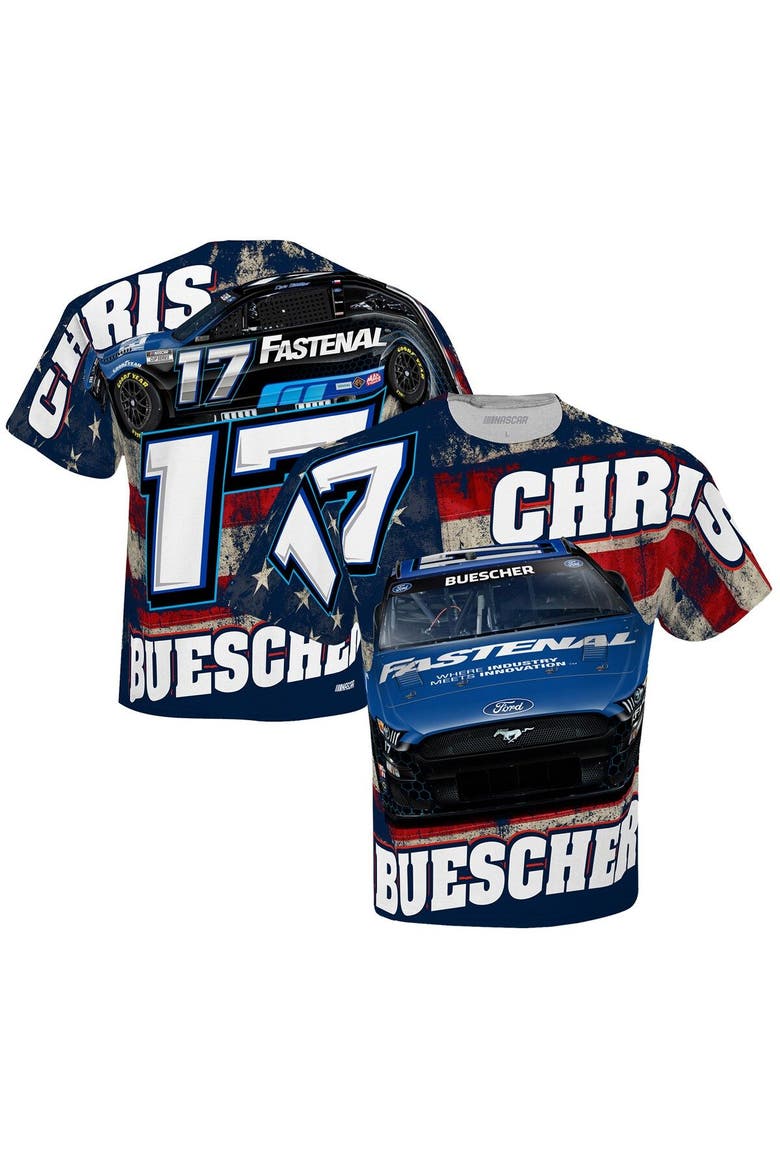 Men's Checkered Flag White Chris Buescher Fastenal Sublimated Patriotic Total Print T-Shirt, Main, color, White