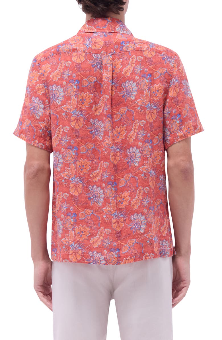 Bugatchi Jackson Floral Linen Camp Shirt, Alternate, color, Paprika