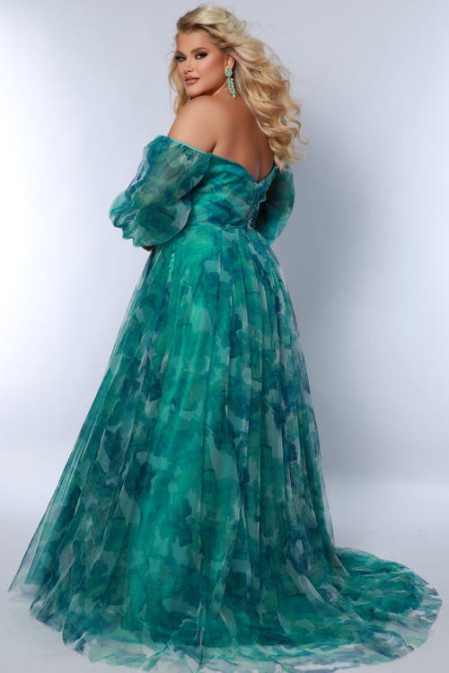 Sydney's Closet Floral Strapless Sweetheart Neckline Plus Size A-line Gown In Green Floral