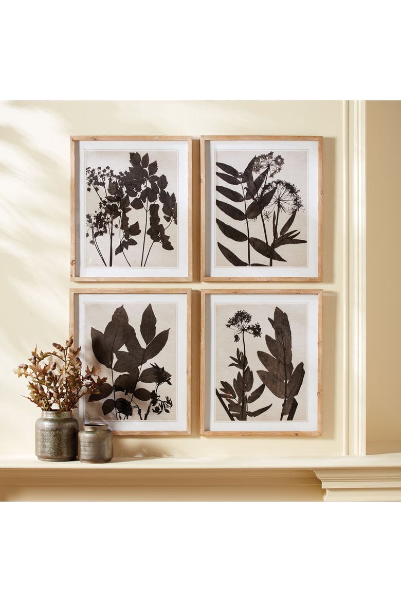 Pressed Foliage Plant Art Prints with Light Wood Frame Set of 4, Alternate, color, Black
