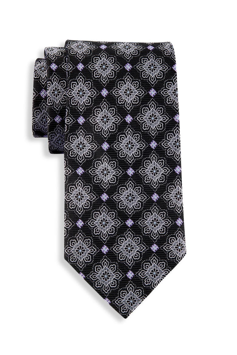 Big & Tall Diamond Medallion Silk Tie, Main, color, BLACK