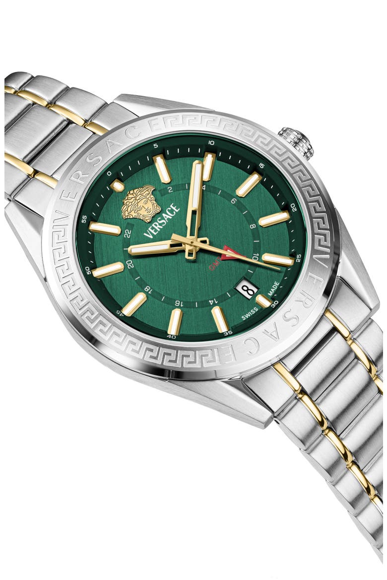 V-Code GMT Two-Tone Bracelet Watch, 42mm, Alternate, color, GREEN/ TWO TONE