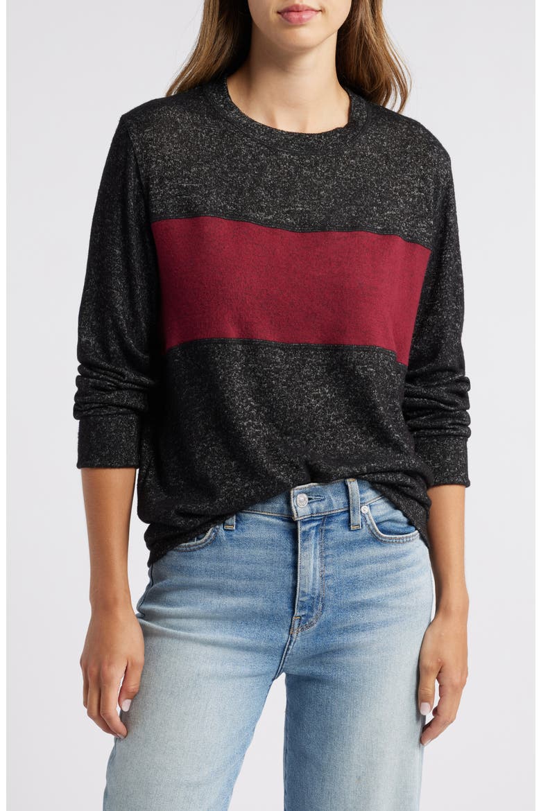 Colorblock Long Sleeve Brushed Jersey Top, Main, color, BLACK/ BURGUNDY