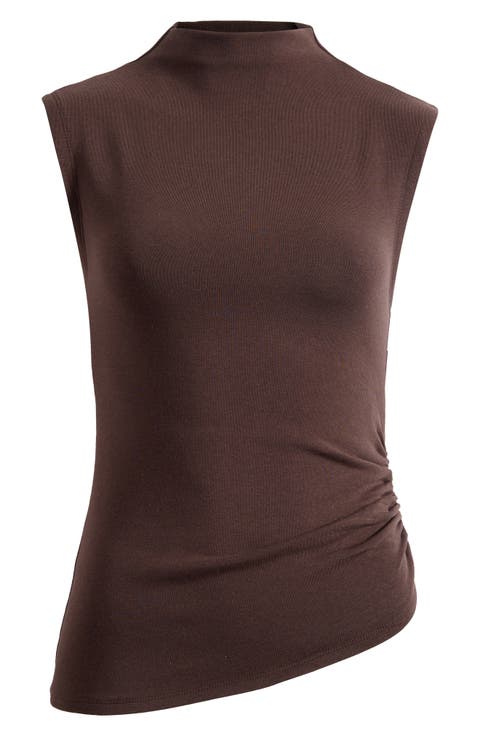 Ruched Asymmetrical Mock Neck Top