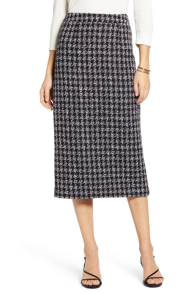 Houndstooth Check Tweed Pencil Skirt, Main, color, BLACK- IVORY TWEED