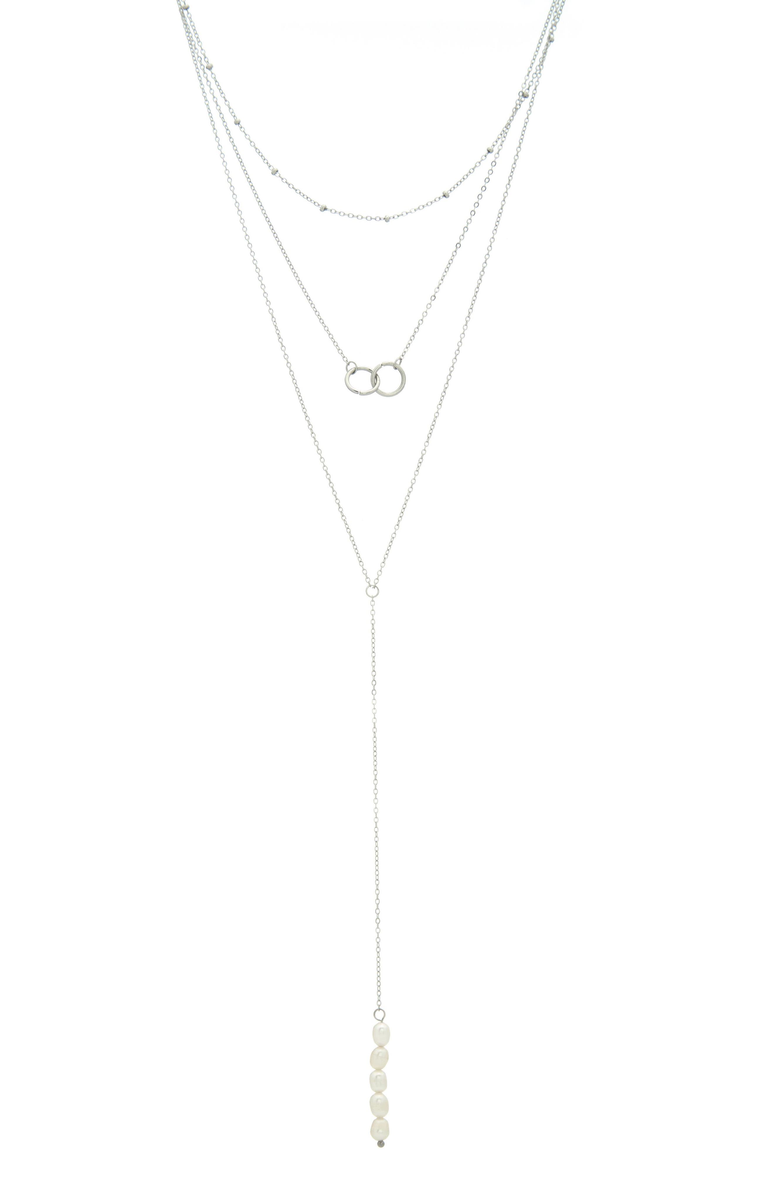 Adornia White Rhodium Plated Triple Strand Interlocking Ring & 19mm Freshwater Pearl Necklace