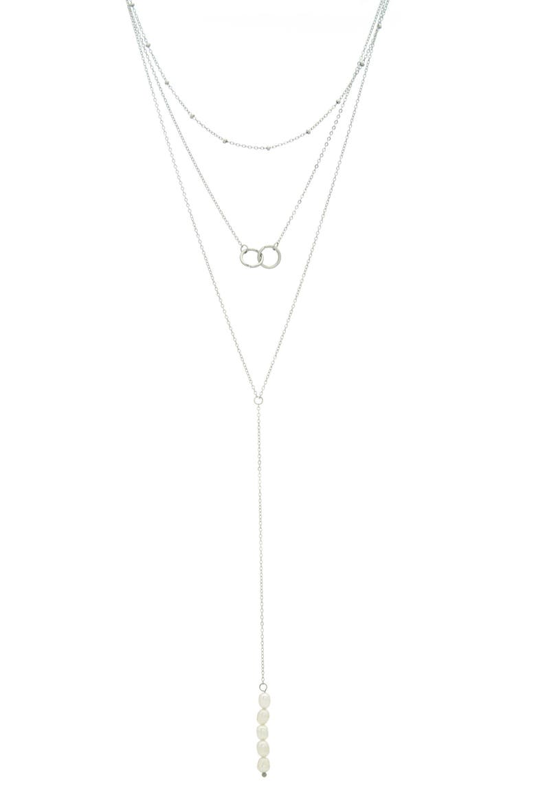 White Rhodium Plated Triple Strand Interlocking Ring & 19mm Freshwater Pearl Necklace, Main, color, WHITE