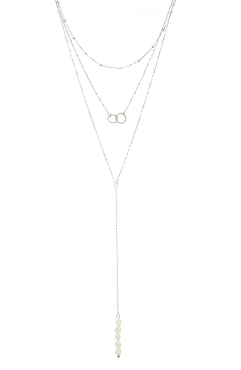 Adornia White Rhodium Plated Triple Strand Interlocking Ring & 19mm Freshwater Pearl Necklace, Main, color, White