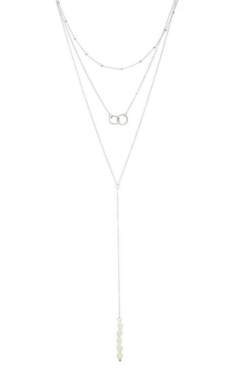 White Rhodium Plated Triple Strand Interlocking Ring & 19mm Freshwater Pearl Necklace
