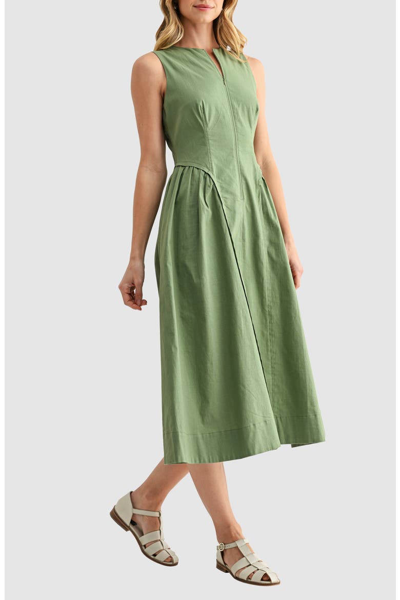 Front Zip Sleeveless Fit & Flare Midi Dress, Alternate, color, SAGE