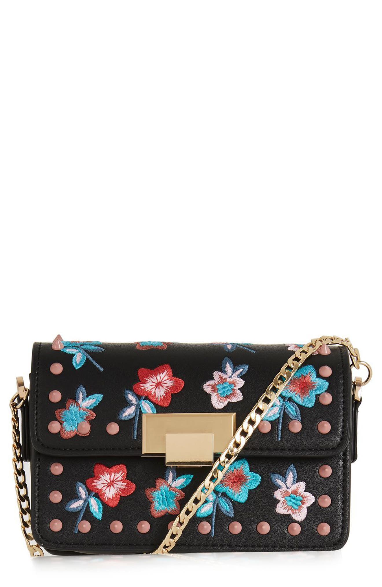 Topshop Rosie Floral Stud Faux Leather Crossbody Bag, Main, color, 