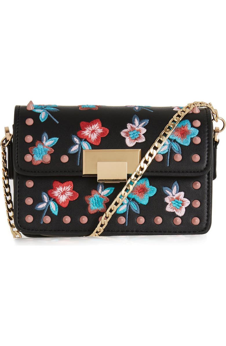 Topshop Rosie Floral Stud Faux Leather Crossbody Bag, Main, color,