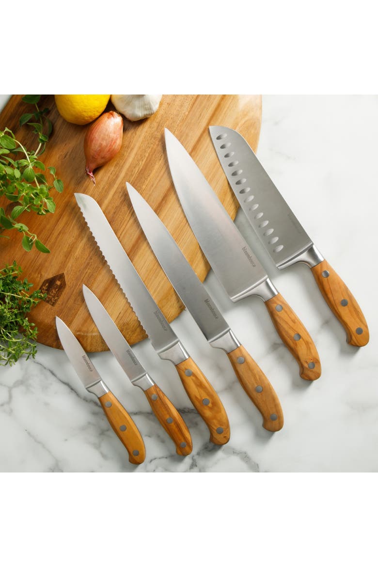 Italian Olive Wood Knife Block Set W/ German Steel Forged Knives, Alternate, color, Natural Wood