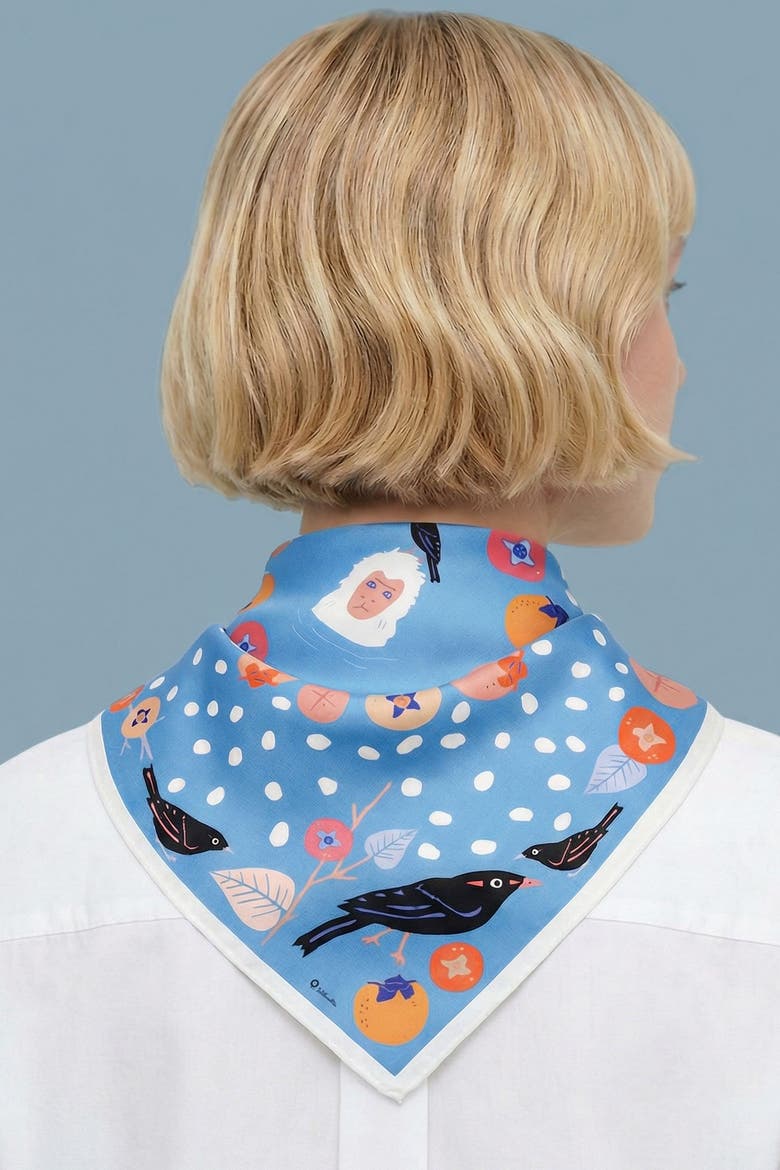 Snow Monkey and Persimmons Cotton Silk Bandana, Alternate, color, Blue