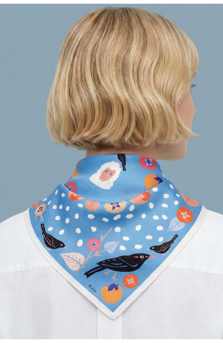 Centinelle Snow Monkey and Persimmons Cotton Silk Bandana, Alternate, color, Blue