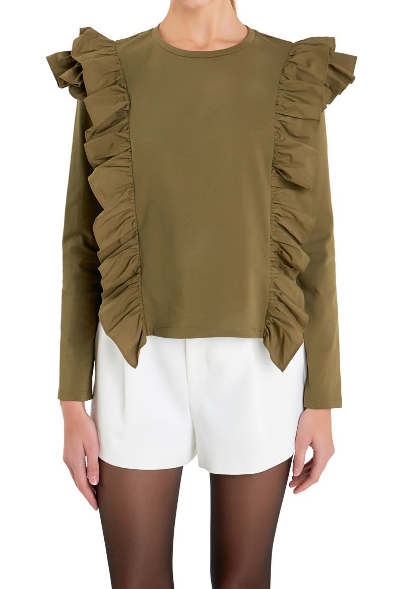 Poplin Ruffle Trim Shirt, Alternate, color, OLIVE