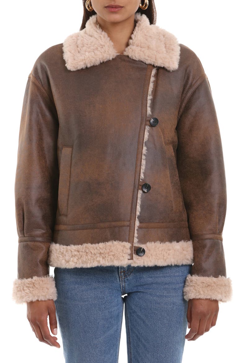 Faux Shearling Moto Jacket, Alternate, color, BRANDY