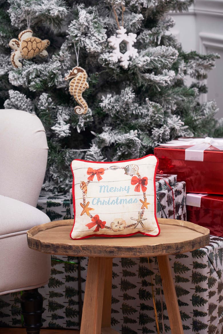 Merry Christmas Shell Wreath Printed & Woven Small/Petite Pillow, 8" x 8", Alternate, color, Blue
