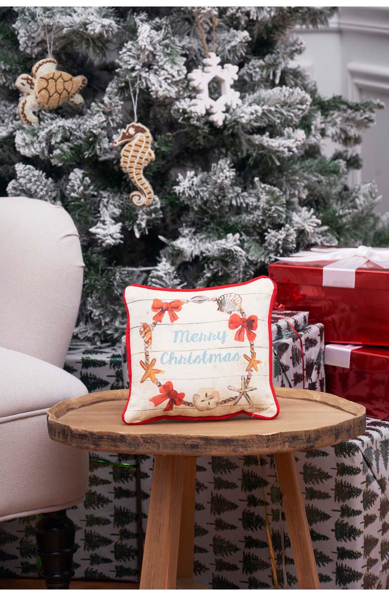 C&F Home Merry Christmas Shell Wreath Printed & Woven Small/Petite Pillow, 8" x 8", Alternate, color, Blue