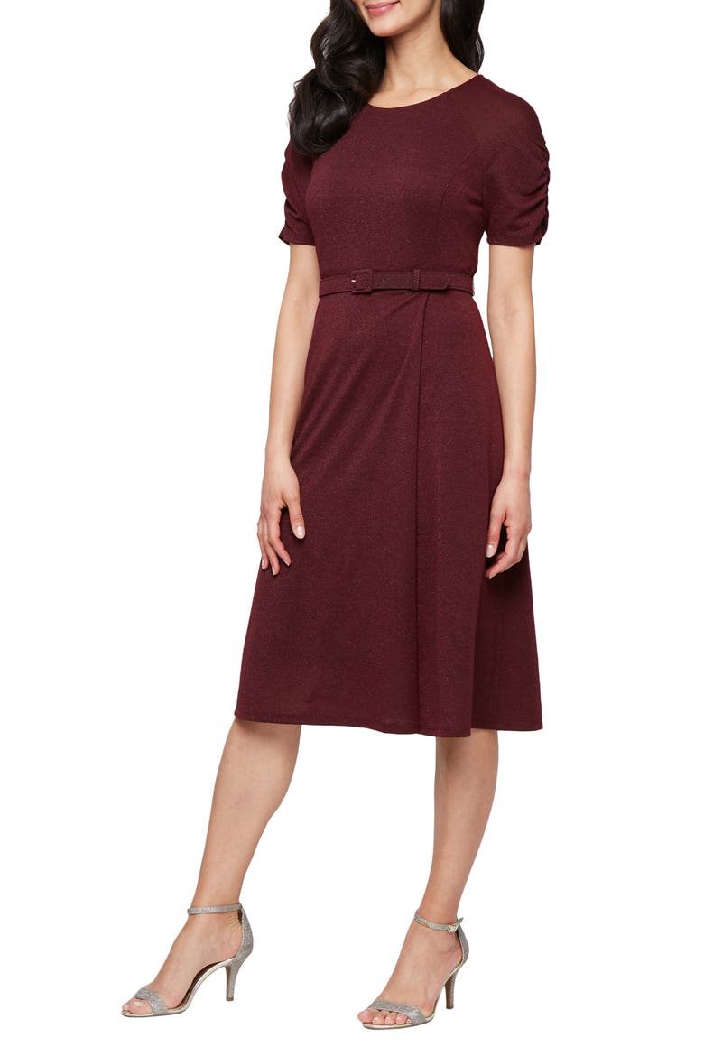 Belted Metallic Knit Short Sleeve Dress, Main, color, WINE