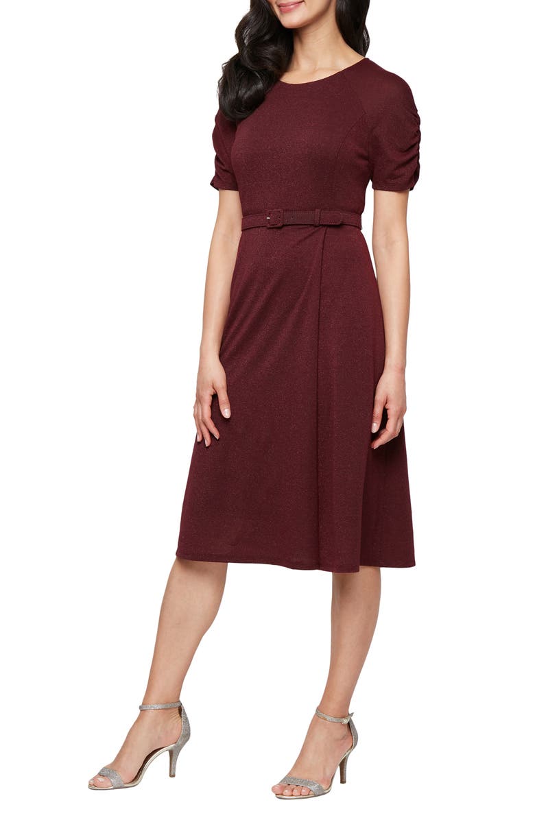 SL FASHIONS Belted Metallic Knit Short Sleeve Dress, Main, color, Wine