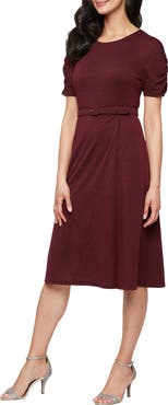 SL FASHIONS Belted Metallic Knit Short Sleeve Dress