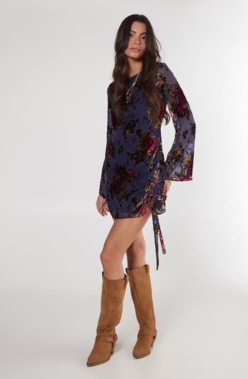Devoré Floral Long Sleeve Chiffon Minidress