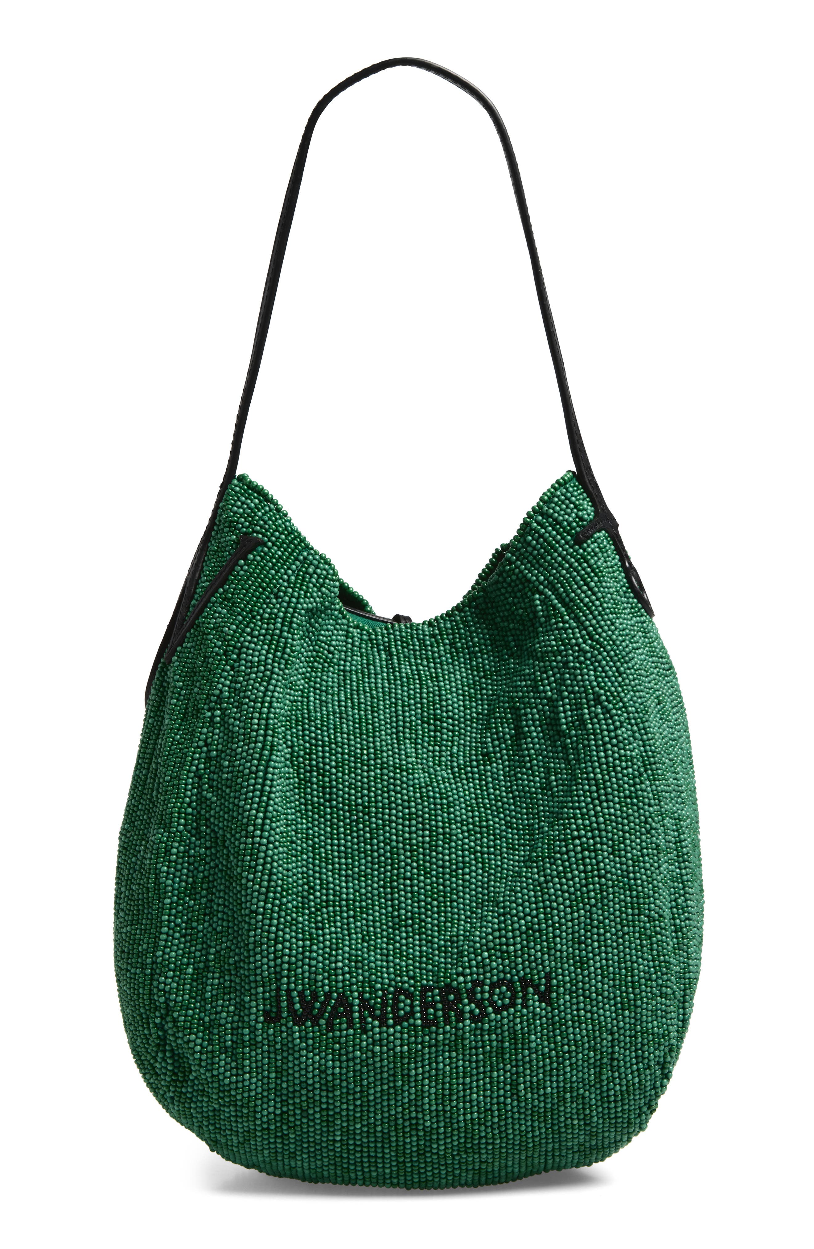 Small Bulb Beaded Leather Hobo Bag, Main, color, GREEN