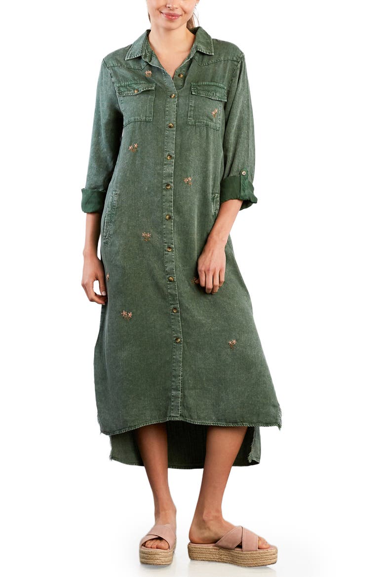 Upstate Floral Embroidered Long Sleeve High-Low Chambray Shirtdress, Alternate, color, NORTHERN GREEN