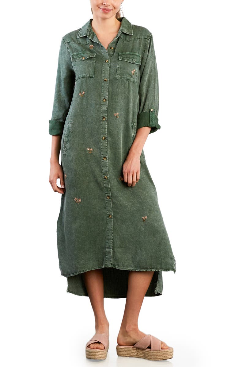 Billy T Upstate Floral Embroidered Long Sleeve High-Low Chambray Shirtdress, Alternate, color, Northern Green