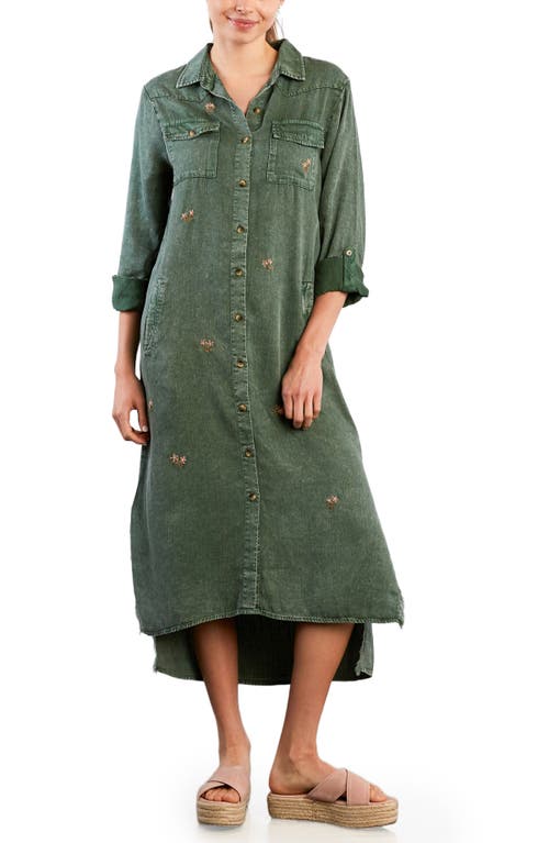 Billy T Upstate Floral Embroidered Long Sleeve High-low Chambray Shirtdress In Green