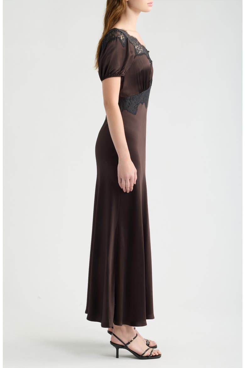 The Oakley Lace Trim Satin Maxi Dress, Alternate, color, CHOCOLATE
