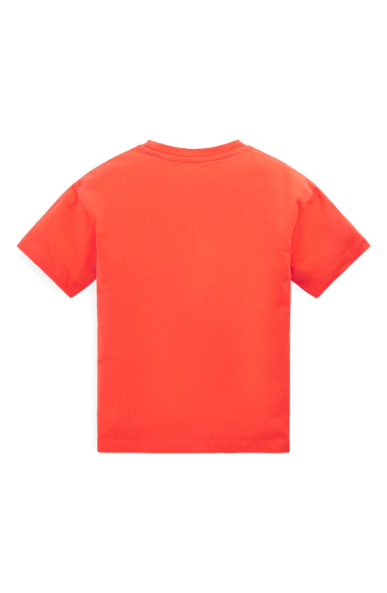 Mini Boden Kids' Dino Appliqué Long Sleeve Cotton Graphic T-Shirt, Alternate, color, Hot Coral Dinos