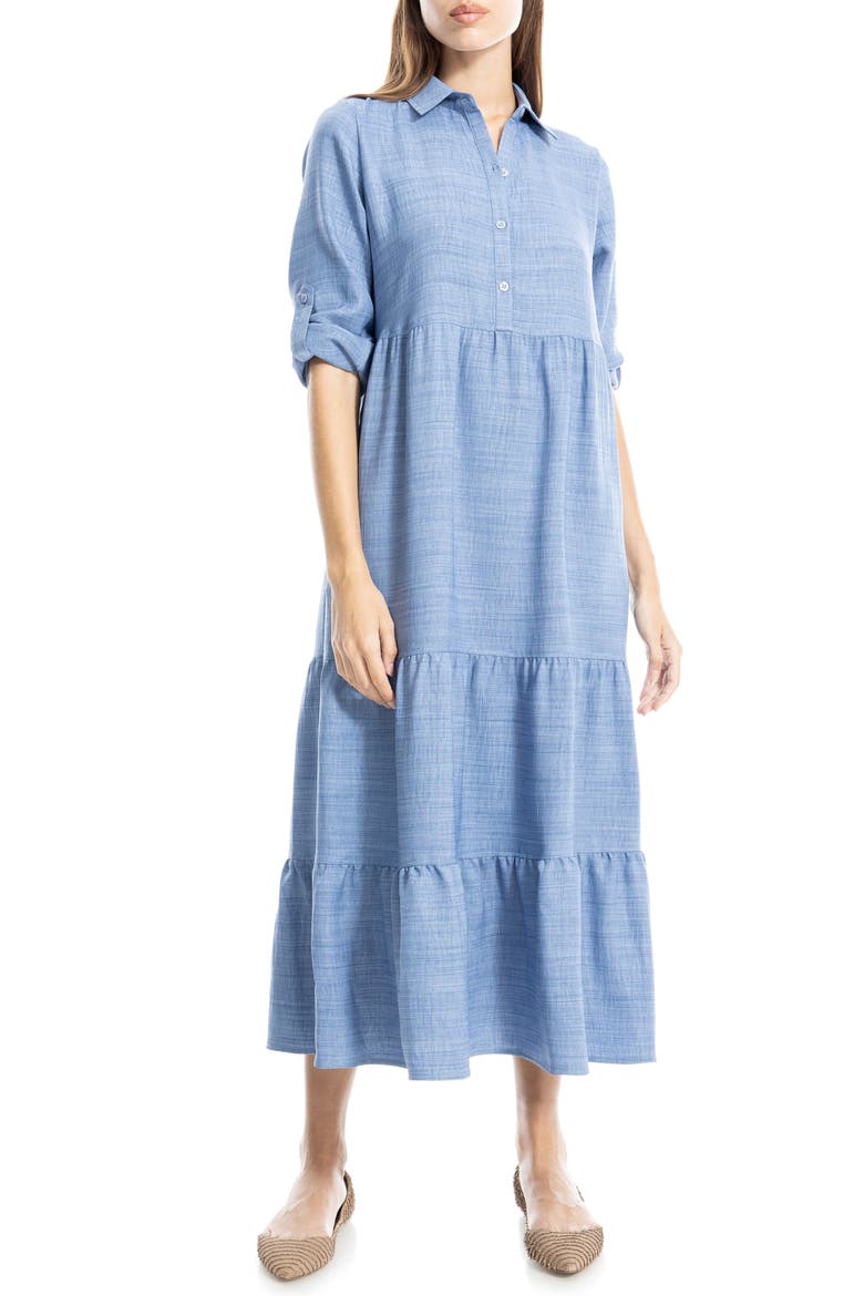 Tiered Long Sleeve Gauze Shirtdress, Alternate, color, HEATHER CHAMBRAY