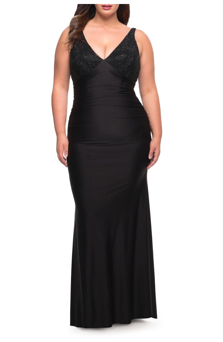 La Femme Jersey Plus Gown with Jeweled Bodice and V-Neckline, Main, color, Black