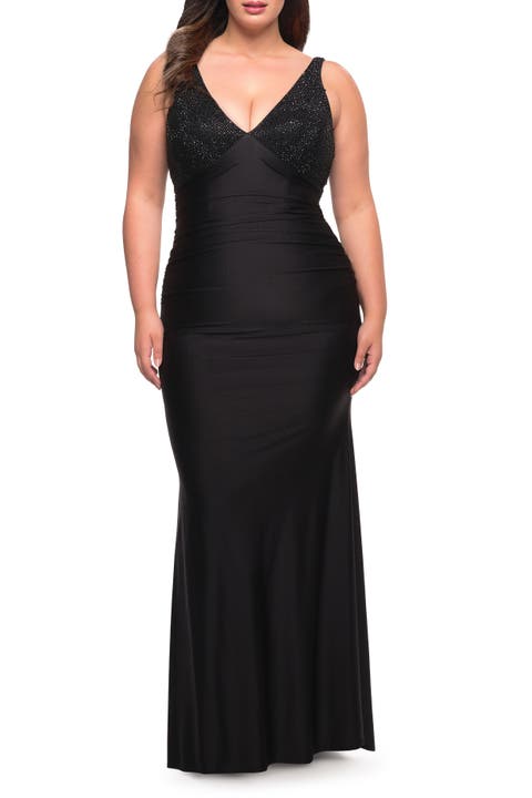 Jersey Plus Gown with Jeweled Bodice and V-Neckline