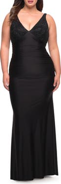 La Femme Jersey Plus Gown with Jeweled Bodice and V-Neckline