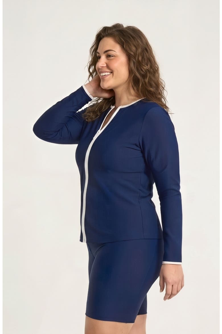 Plus Size Full Zip Peyton Swim Top Two-Toned Collection, Alternate, color, Navy & White